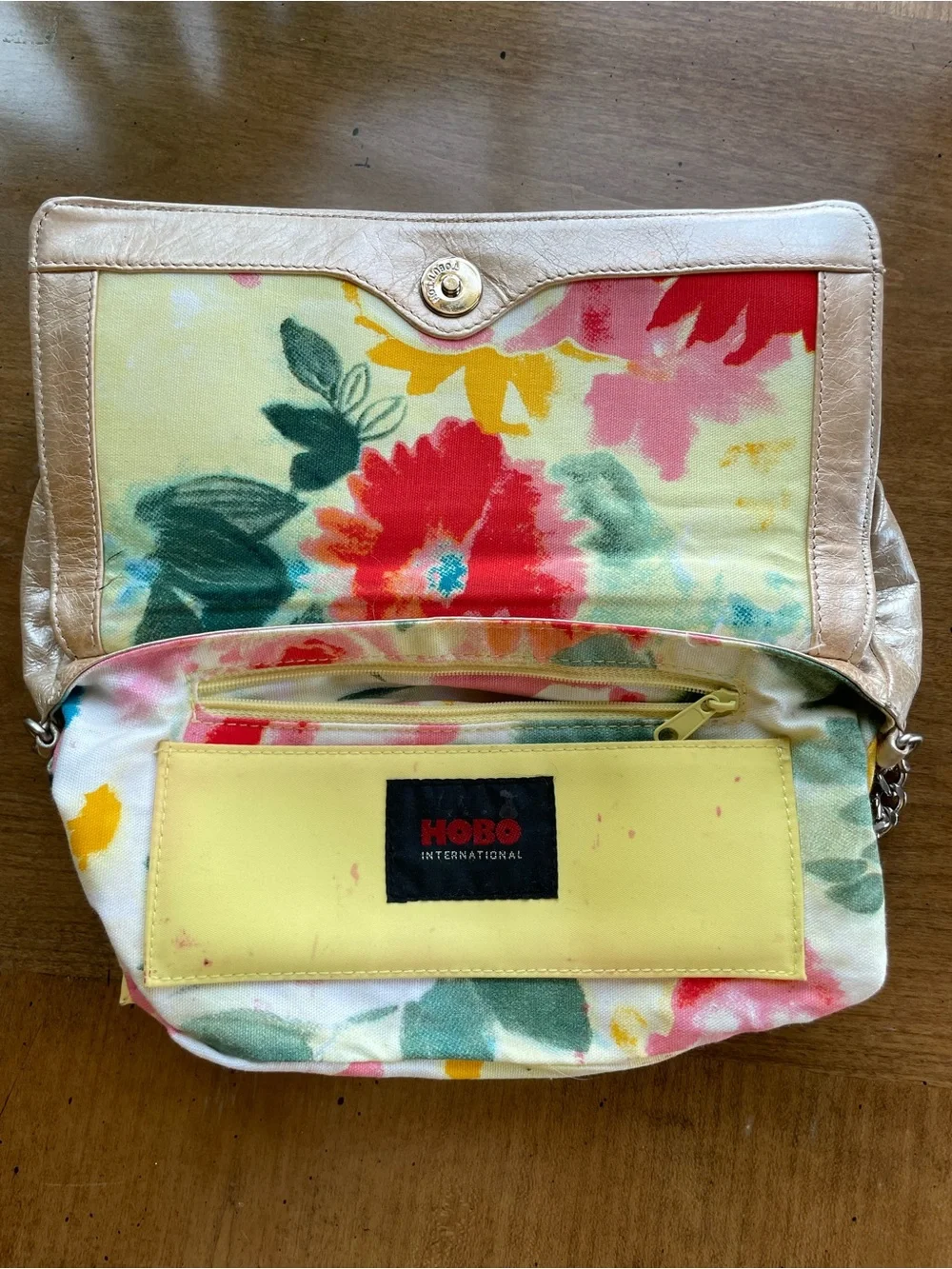 HOBO Cream Champagne Metallic Leather East-West Shoulder Bag with Chain Strap